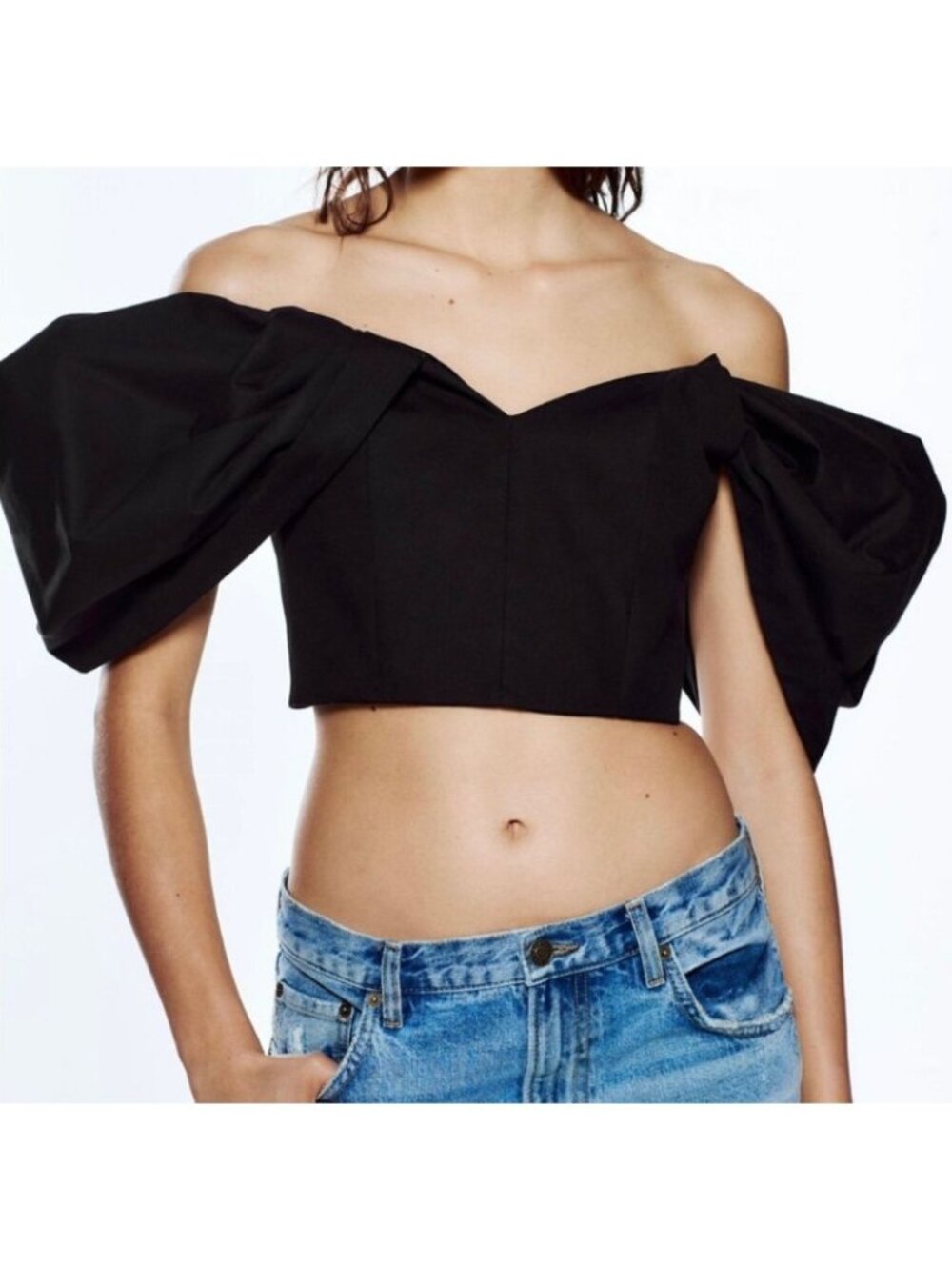 ZARA statement draped sleeve bustier limited edition black puff off the shoulder